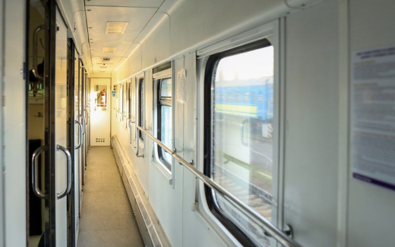 Interior view of a passenger train.
